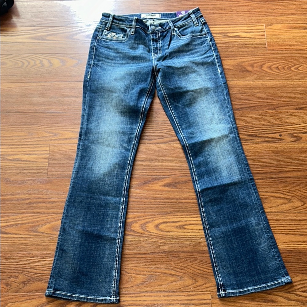 ROCK&ROLL‎ DENIM MID RISE STRETCH AZTEC LEATHER EMBROIDERED BOOTCUT JEANS -28x34 - Picture 3 of 12